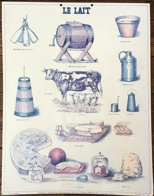 🐄 Ancienne affiche scolaire Deyrolle originale, 1950 - Le lait, fromages - Photo 1/4