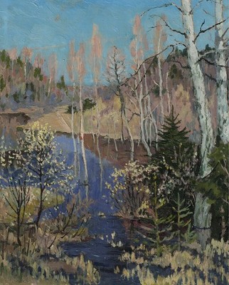 Original Kunst Ölgemälde Landschaft Natur Quelle Fluss See Wasser Bäume 21x25