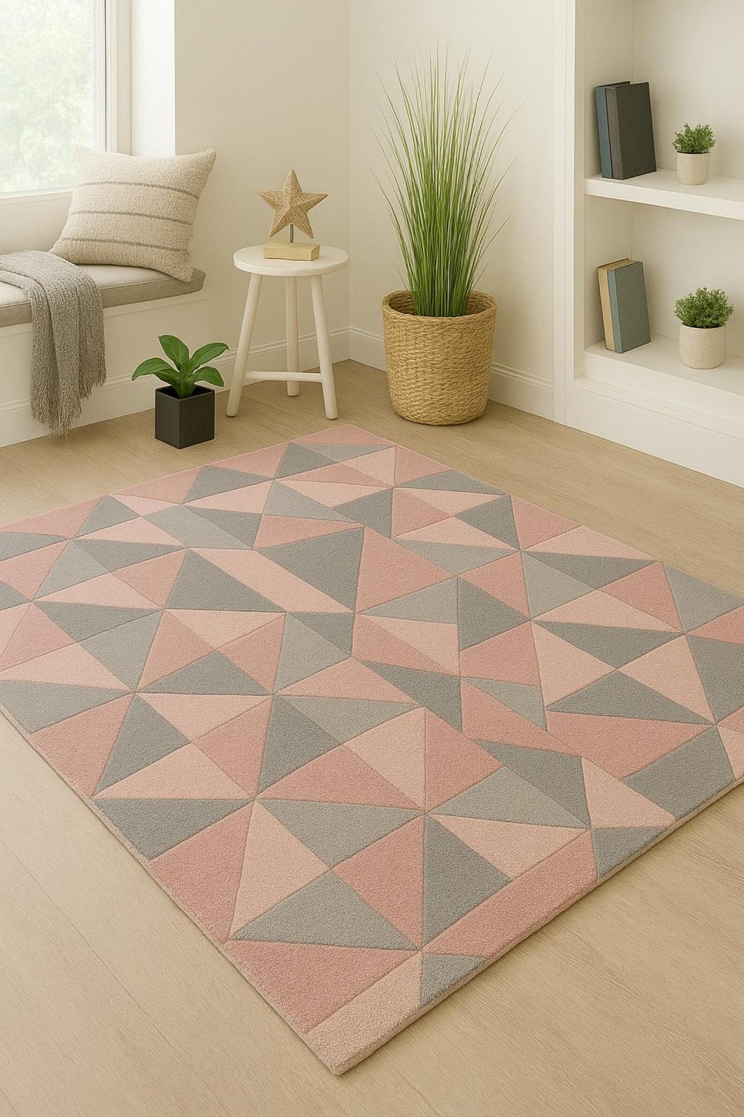 Hand tufted geometric rug in English pink and grey, modern design carpet