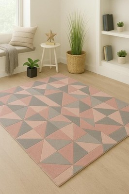 Handgetufteter geometrischer Teppich in englischem Rosa und Grau, moderner De...