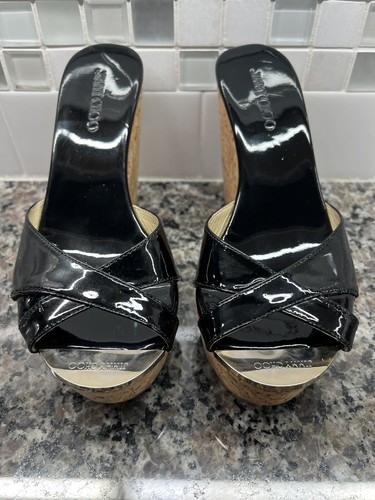 Jimmy Choo Womens Black Patent Leather Wedge Cork Platform Sandal Sz 35 EU 5 US - Picture 2 of 11