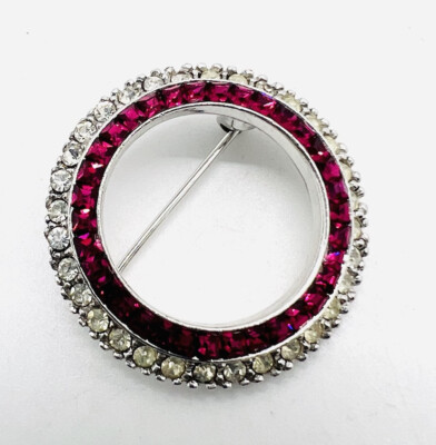 CINER Jewel Tone Red Channel Set Rhinestone Circle Brooch Signed Vintage Jewelry