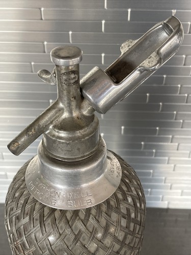 Antica bottiglia d'acqua Sparklets Seltzer soda C vetro sifone metallo vecchia barra vintage - Foto 3 di 5