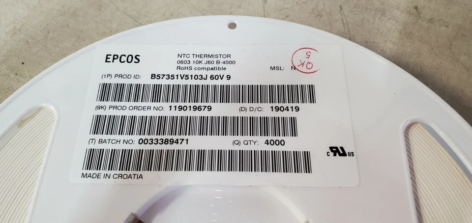 Reel of 4000 EPCOS NTC thermistor B57351V5103J 60V 9 0603 10K J60 B-4000 - Image 2 of 3