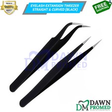 2 Pcs Black Eyelash Extension Tweezer Set Straight Curved Volume Lash German G