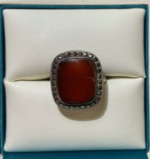 Kunst Deko Sterlingsilber Tt Gestempelt Karneol Cab Markasit Größe 5.5 Ring DD4