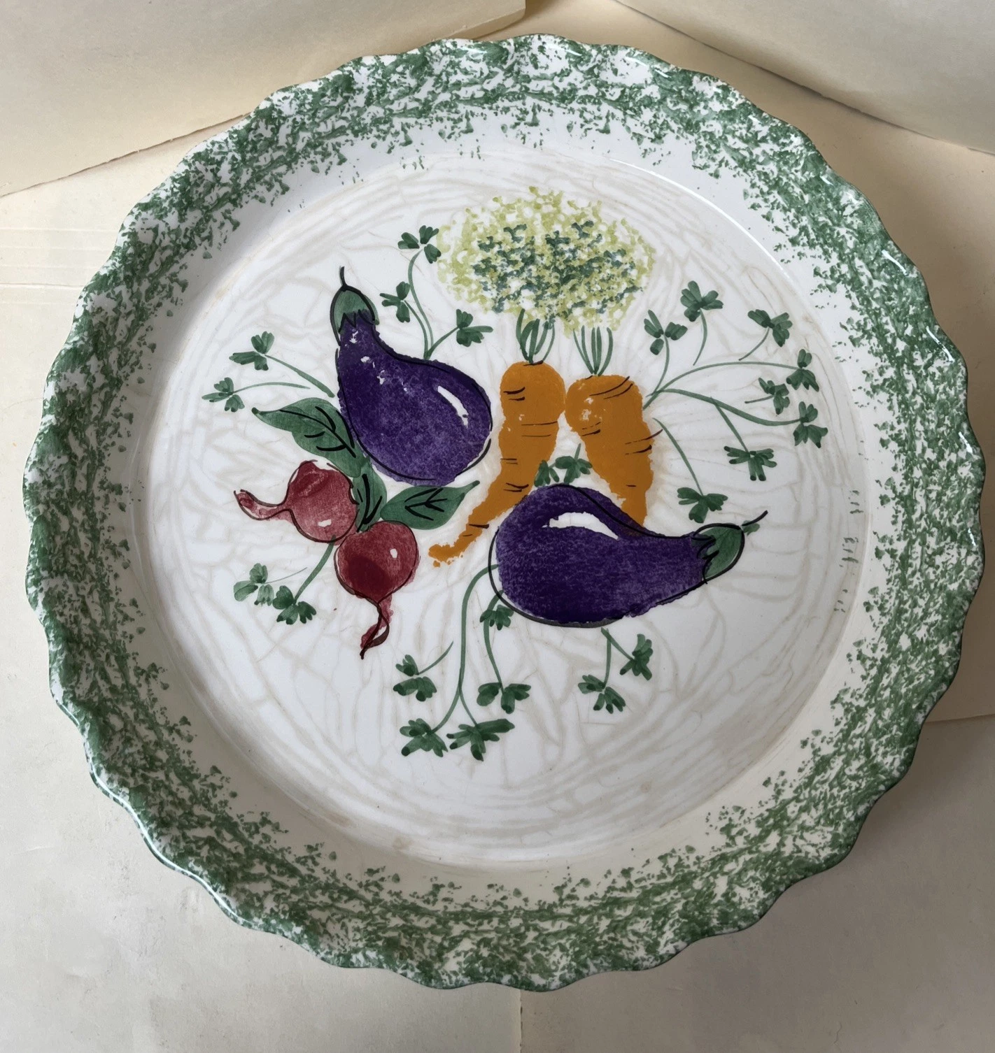 Vintage ITALIAN MAIOLICA Hand Painted PIE PLATE DISH 10” Ceramic Vegetable