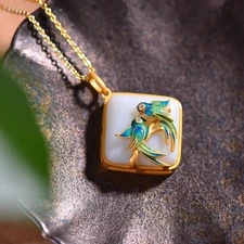 Traditional Inlaid Natural Hetian Jade Enamel Magpie Pendant Ethnic Necklace