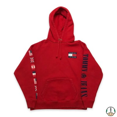 Tommy Hilfiger Hoodie Mens XS Red International Flags Tommy Jeans Sweatshirt