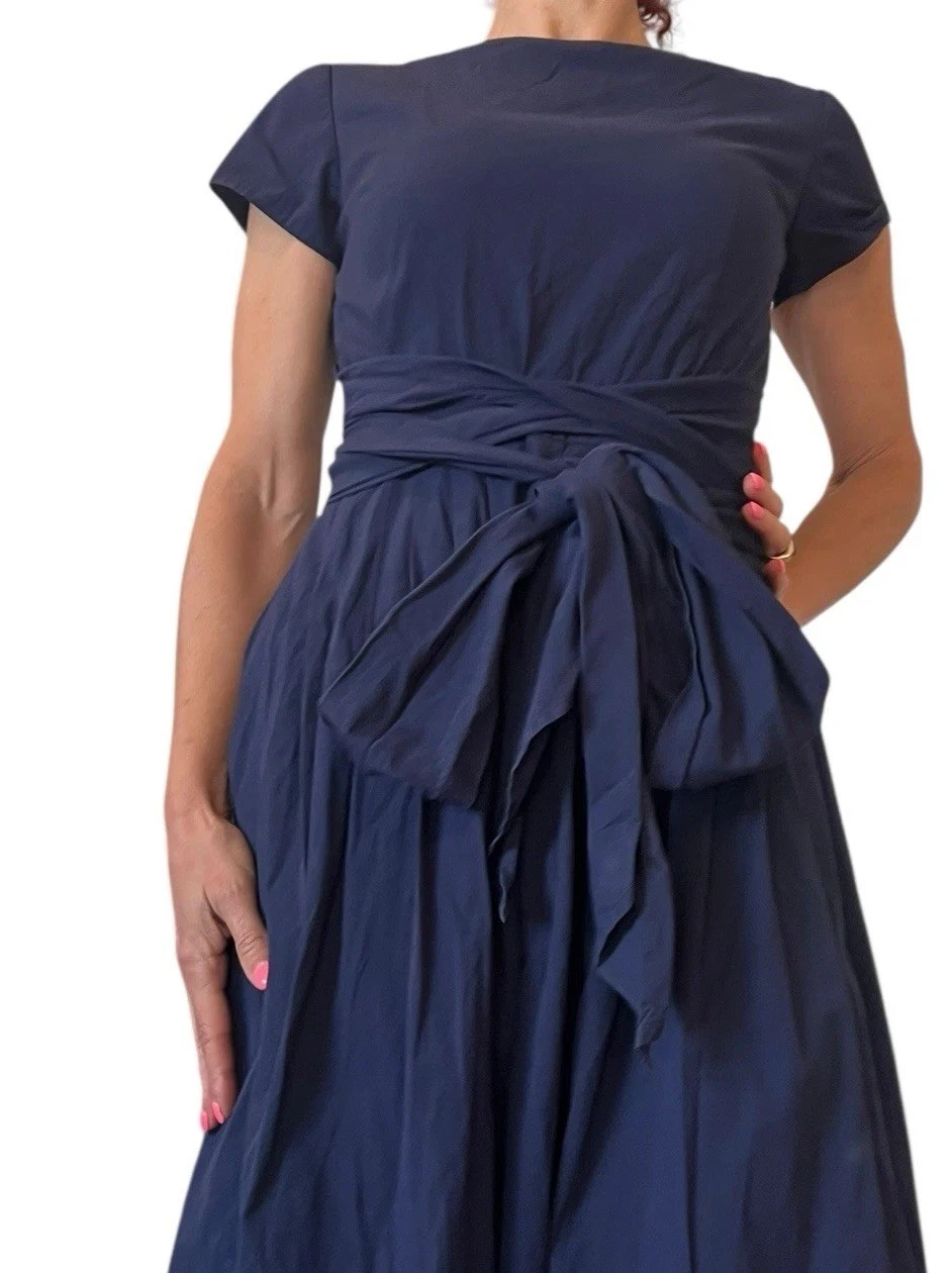 ABITO BLU NAVY COLLEZIONE MICHAEL KORS COTONE FIOCCO FASCIA MIDI BATEAU COLLO CAPPUCCIO MANICA 2