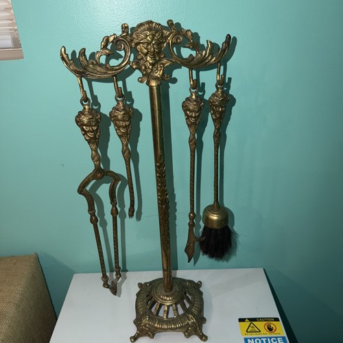Brass Green Man Fireplace Tool Set 5 Pc Victorian Gothic Ornate Hearth Stand 23