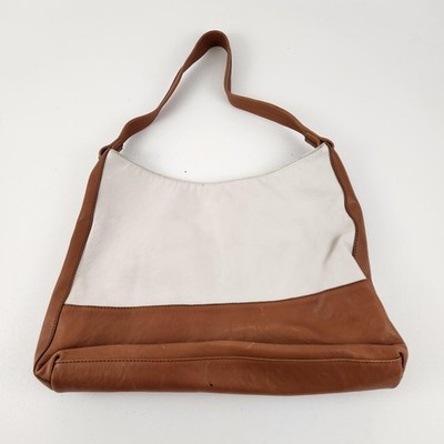 DKNY Shoulder Bag Womens Brown White Leather Hobo Purse Genuine Leather Logo