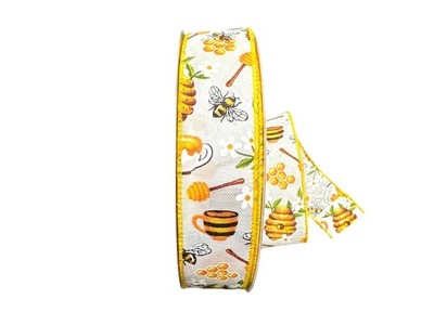 Honeybee & Floral Ribbon White Background 1.5'' x 10 yd Wired