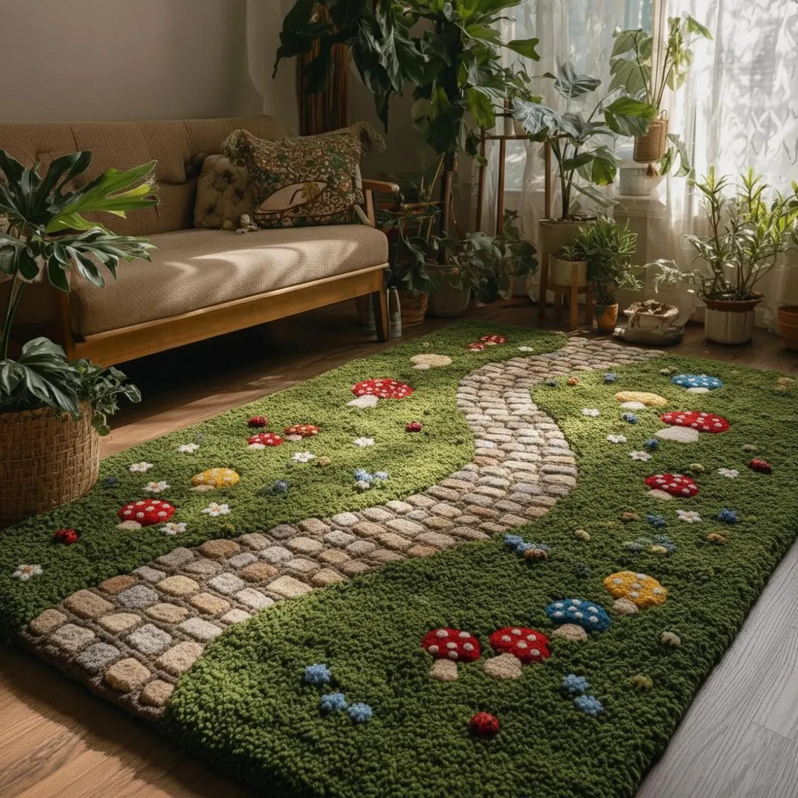 Fairy Meadow Wool Rug with Stone Path Design | Enchanted Garden Path Hand-Tufted