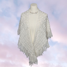 Vtg Off White Handmade Crochet Knit Boho Hippie Festival Prairie Shawl Fringe