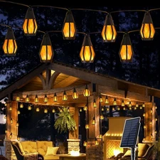 Solar String Lights for Outside 28Ft Patio Lights 15 Flickering Flame Light Bulb