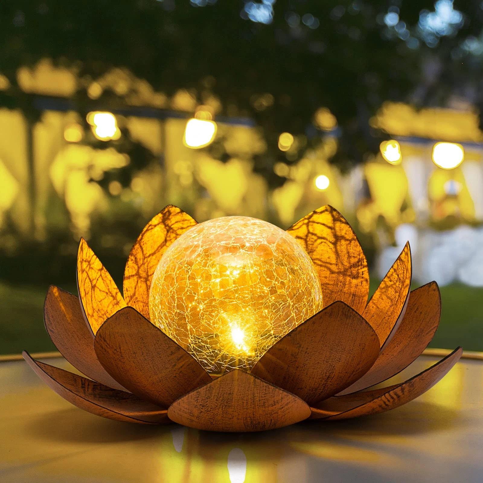 Solar Light Outdoor(2Pack), Art Crackle Globe Glass Lotus Decoration, Solar L...