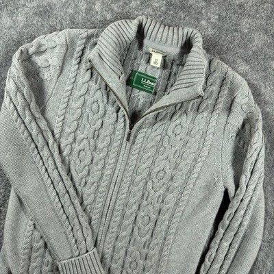 NEW LL Bean Sweater Womens XS Gray Heather Double L Cable Knit Full Zip Pullover