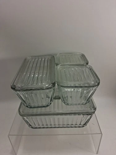 Anchor Hocking 1932 Vintage Design Ribbed Glass Refrigerator Dish Lid Set Of 4