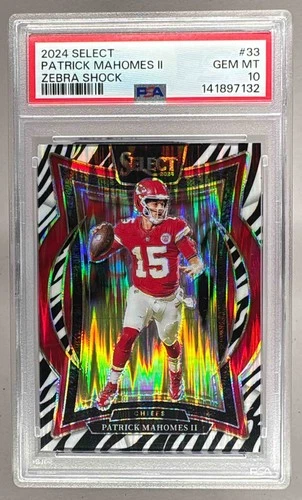 132 Patrick Mahomes II 2024 Panini Select #33 Zebra Prizm Shock Concourse PSA 10