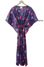 Cotton Loose Sleeve Indian Flower Print Blue Free Size Hippie maxi Caftan Dress