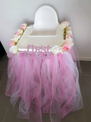 High Chair Skirt And Floral First Birthday Decoration
