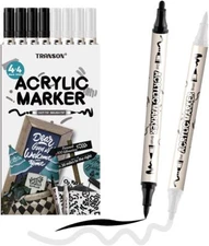 4 Black and 4 White Paint Pens Brush and Bold Dual-tip Acrylic Paint Marker S...