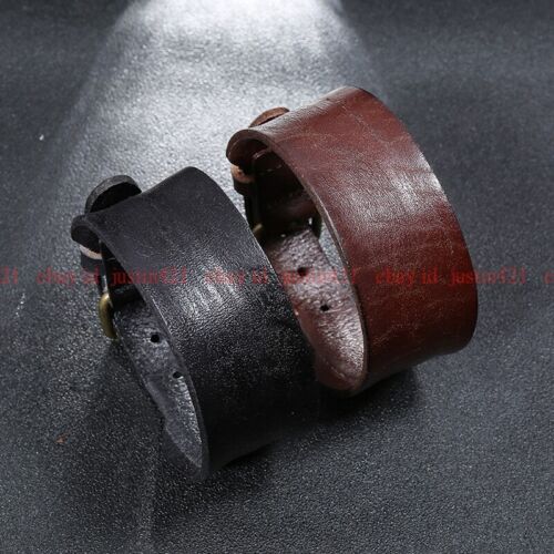 Men's Punk Wide Genuine Leather Belt Wristband Bangle Cuff Bracelet Adjustable - Picture 16 of 16