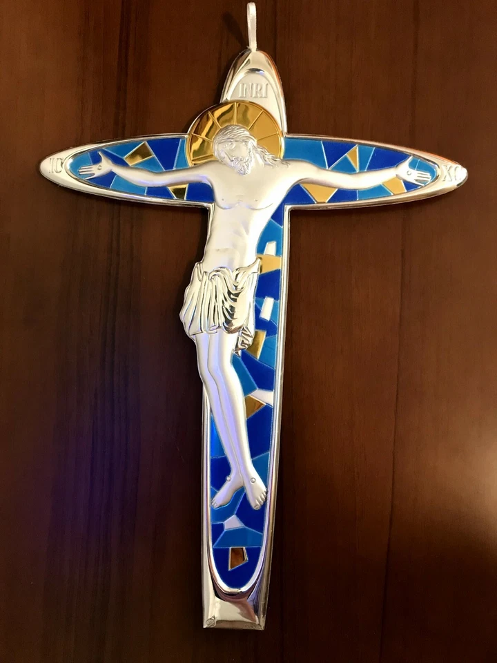 Crocifisso Argento Sterling 925 33X25Cm Da Parete (Azzurro E Oro) - Immagine 2 di 3