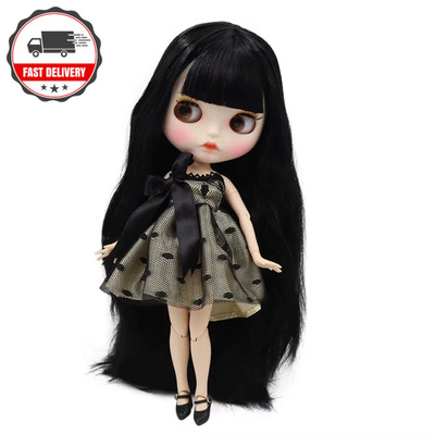 Weiße Haut Blythe Puppe 1/6 schwarz glattes Haar neu matt Gesicht Lippe BL117