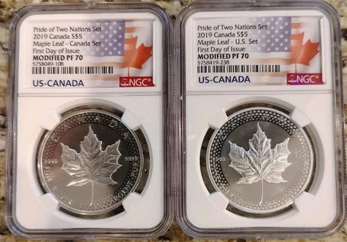 2019 Canada SET & US $5 PRIDE TWO NATIONS 2 Pc 1 Oz NGC PF70 SILVER MAPLE LEAF