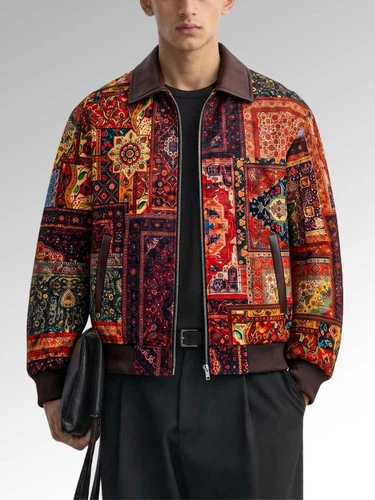 Vintage Persian Rug Patchwork Bomber Jacket Men Women Multicolor Printed Zip-Up video thumbnail