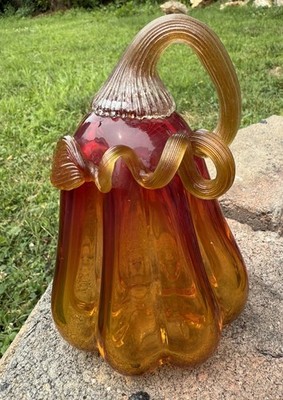 Murano Glass Autumn Pumpkin Gourd Squash 6  Gold Speckle  Stem Ruby Amberina