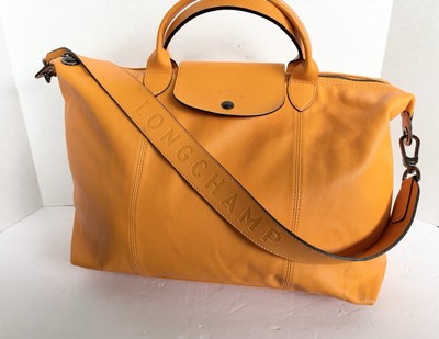 Longchamp Cuir Leather Le Pliage Slouchy Tote w Signature Strap Tangerine  Unused