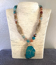 Beaded Statement Necklace With Turquoise Blue Gemstone Pendant 19"