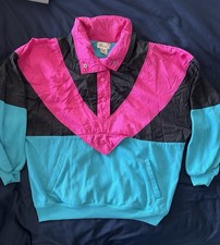Vintage 80s 90s Pullover Windbreaker Womens Large Black Teal Pink