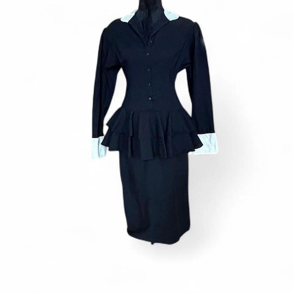 Vestido Vintage Gunne Sax Negro Peplum Blanco Puños Cuello Secretaria Estilo Talla 9 Foto 2 de 4