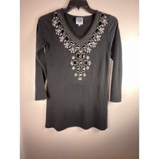 Glam Embellished V Neck Long Sleeve Tunic Top Black Women's Sz XS
