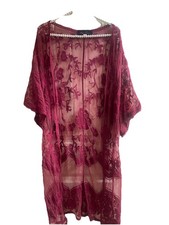 Sheer Long Romantic Lacy Boho Embroidered Burgundy Red Open Front Kimono Sz M