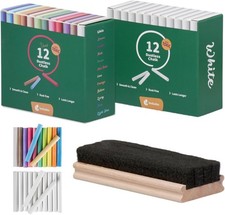 Kedudes Dustless Chalk with Eraser, 24pk - 12 Colored Chalkboard Chalks and 12 W