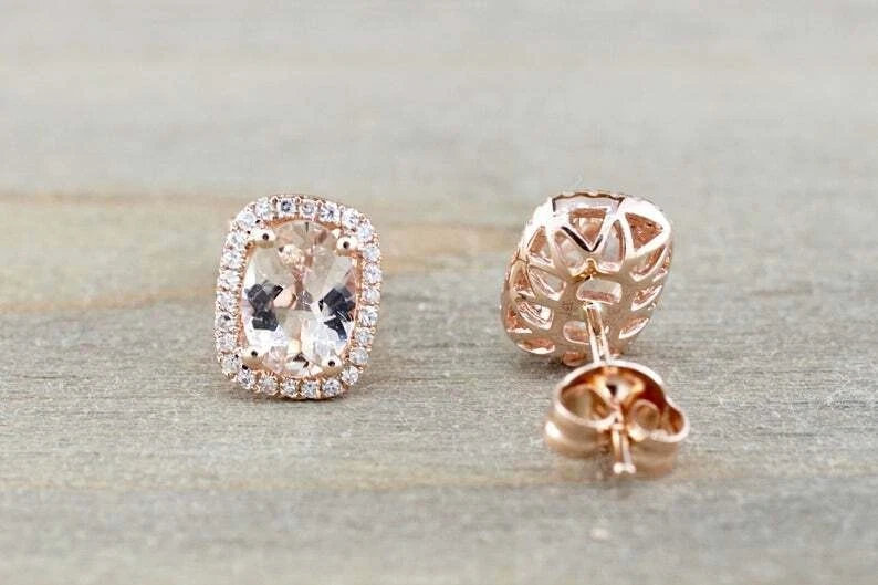 1.7ct Natural Peach Morganite Natural & Diamond Halo Earring 14k Solid Rose Gold - Image 3 of 4