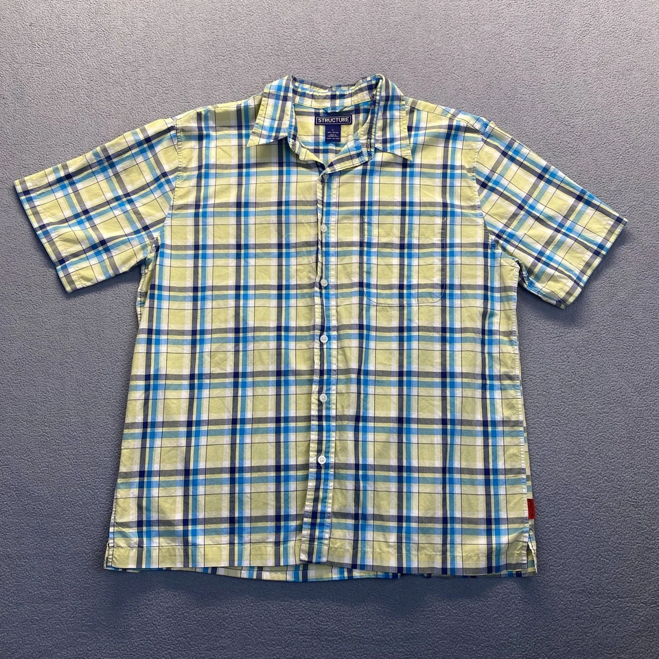 STRUCTURE Plaid Shirt Button Down Short Sleeve Mens Large Classic Yellow Blue - Image 2 of 4