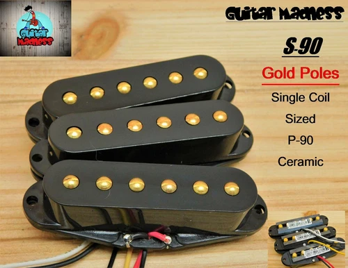 G.M. S-90's Single Coil Sized P-90's with Gold Pole Pieces Black Covers C