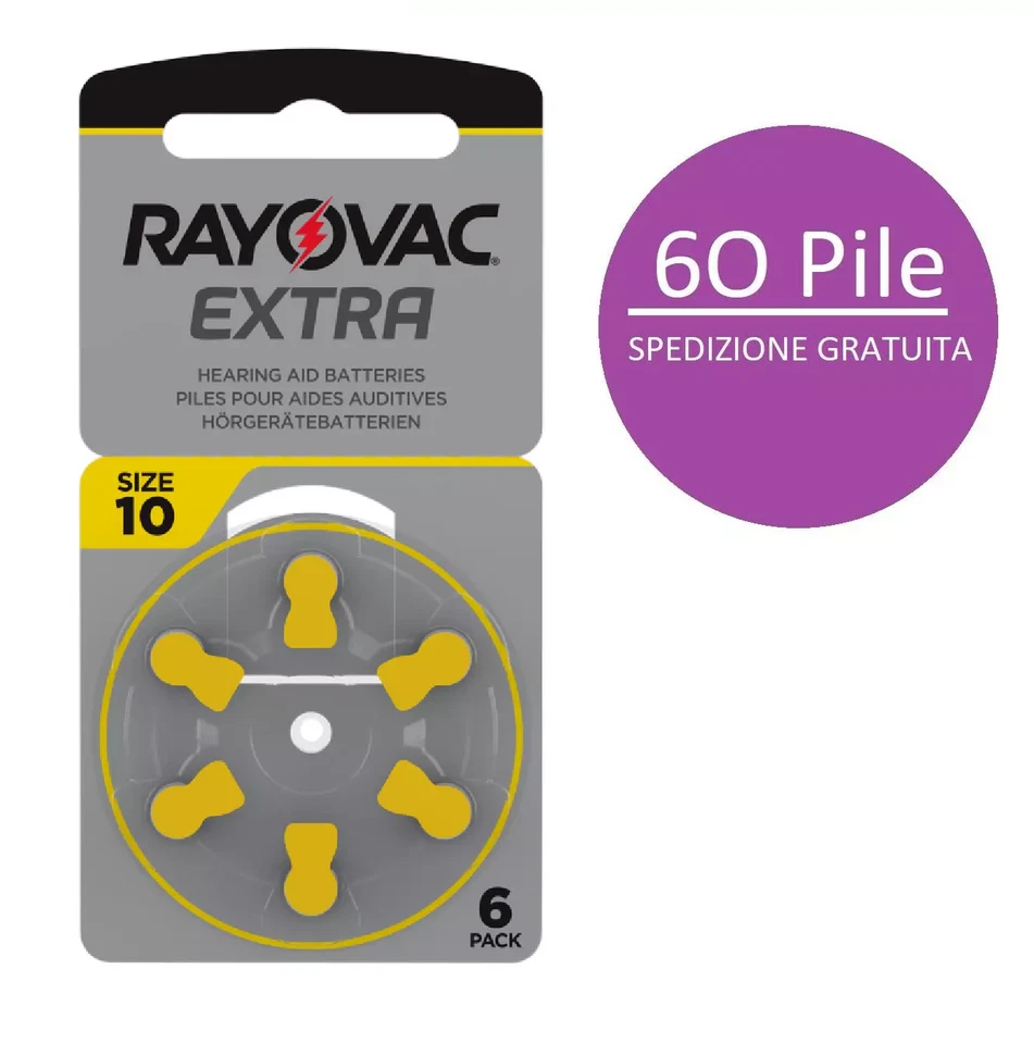 60 batterie x apparecchi acustici RAYOVAC EXTRA 10 gialle PR70 1.45V udito