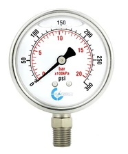 2" Pressure Gauge, Stainless Steel Case, Liquid Filled, Lower Mnt, 300 PSI