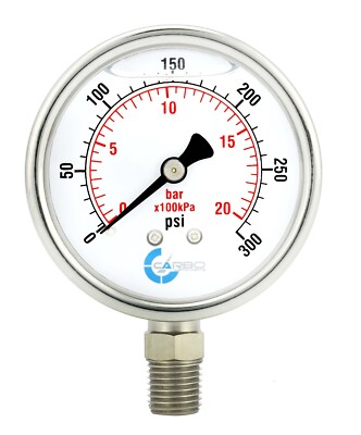 2'' Pressure Gauge, Stainless Steel Case, Liquid Filled, Lower Mnt, 300 PSI