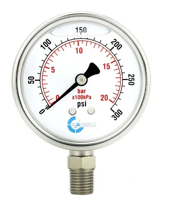 CARBO INSTRUMENTS 2" Pressure Gauge, Stainless Steel Case, Liquid Filled, Lower Mnt, 300 PSI