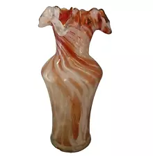 Vtg Swirl Murrhina Vase Ruffled Crimped Edge (Orange White Clear) Hand-Blown 9"