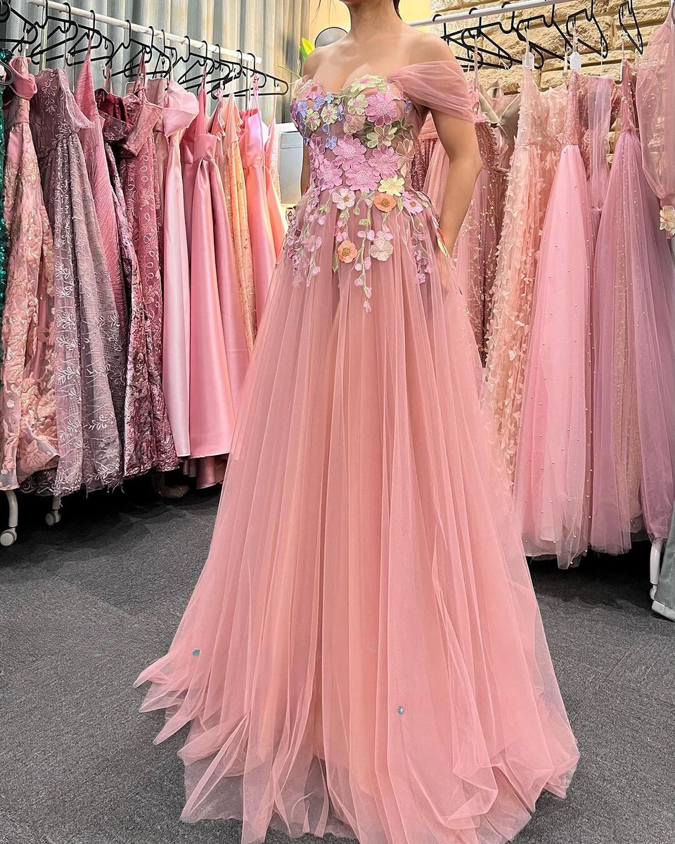 next day delivery dresses Flowy A-Line V-Neck Pink Floral Tulle Bridesmaid Dresses