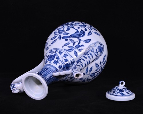 Sammlerstück chinesische Handmalerei blau & weiß Porzellan Blumen Vogel Teekanne - Bild 8 von 9